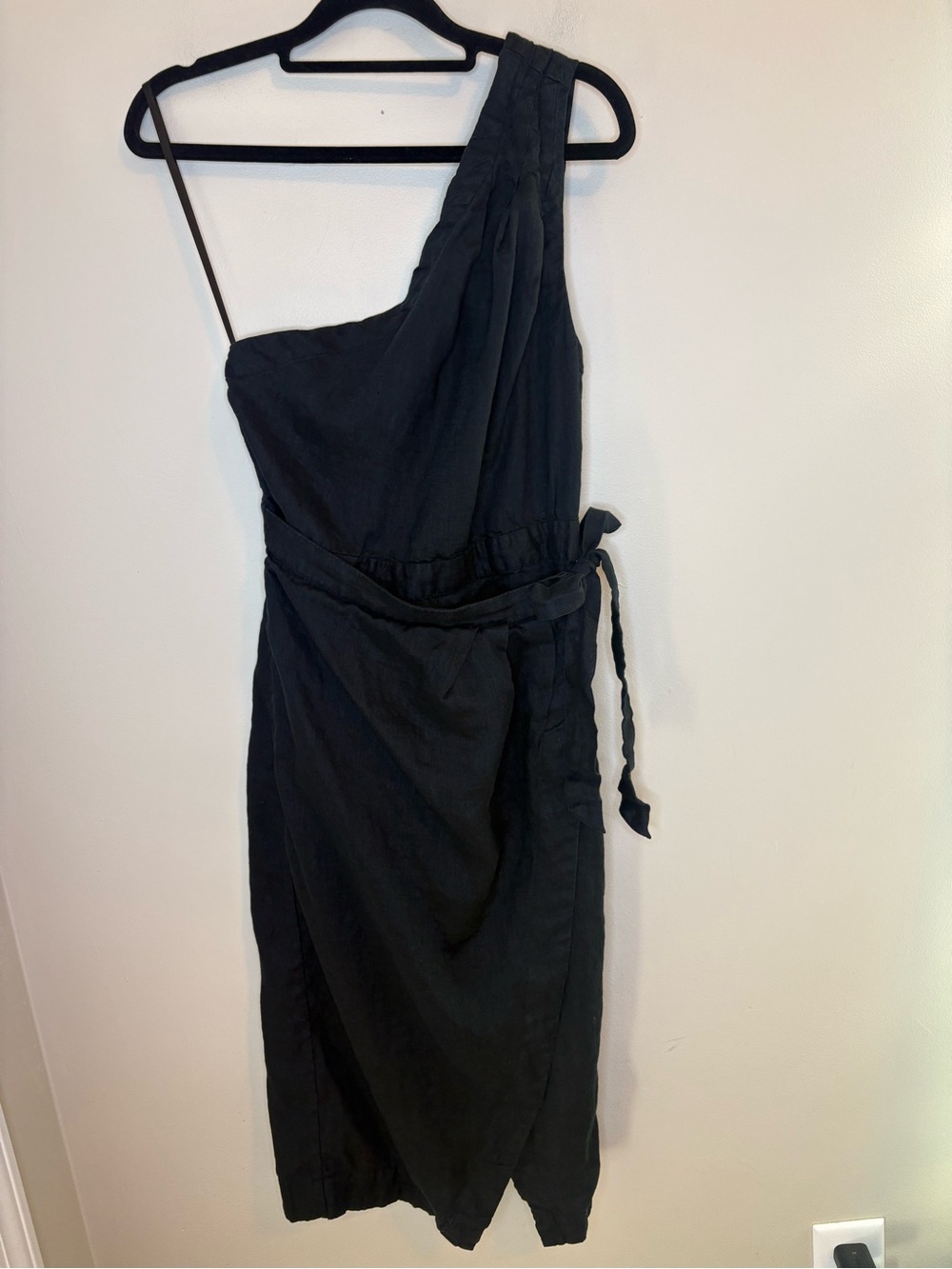 By Anthropologie One Shoulder Linen Wrap Dress Black 6P Petite Midi - Picture 2 of 10
